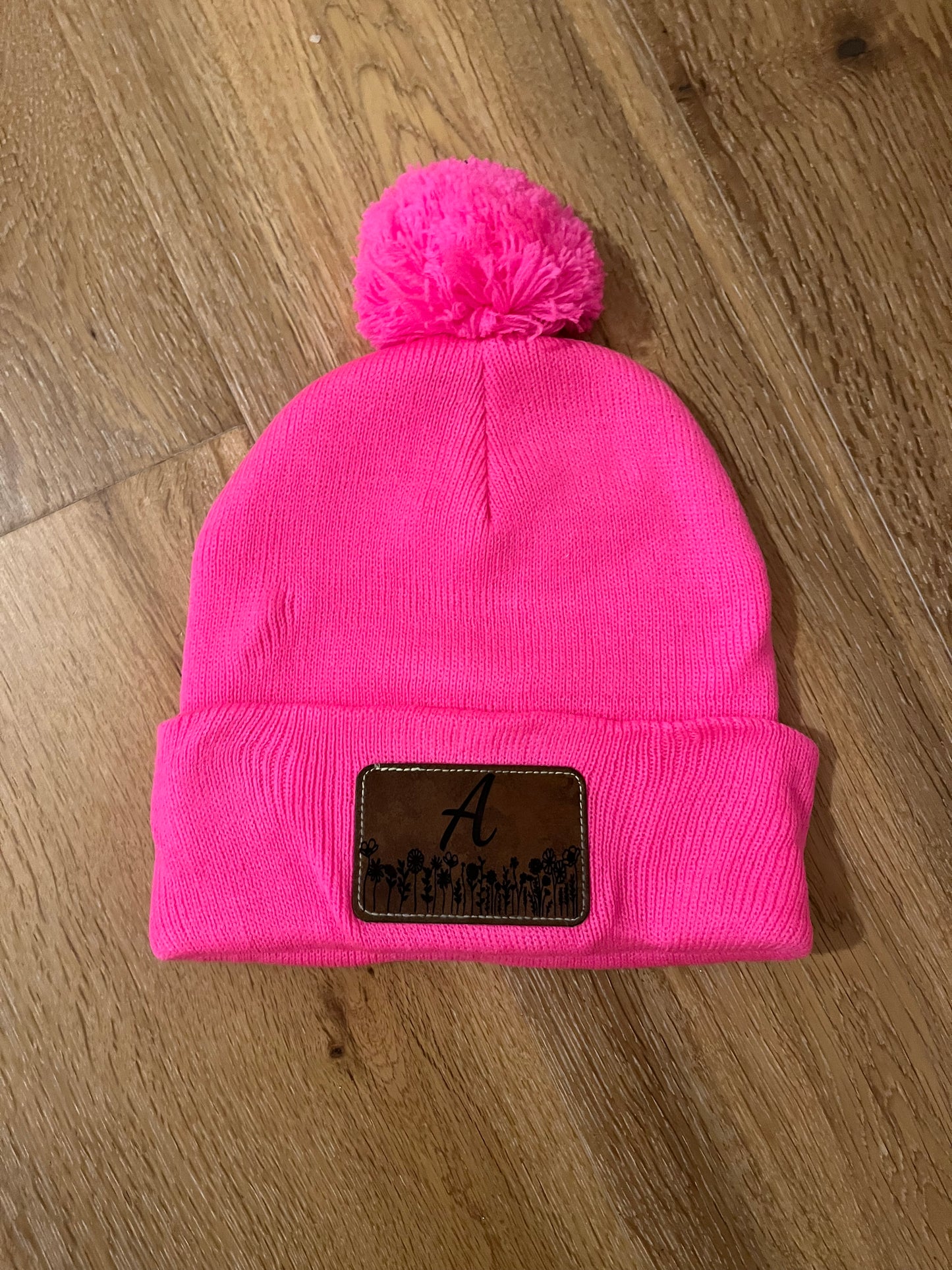 Initial with Wild Flowers Leather patch toque - Pom Pom Purple, Fuchsia, Neon Pink