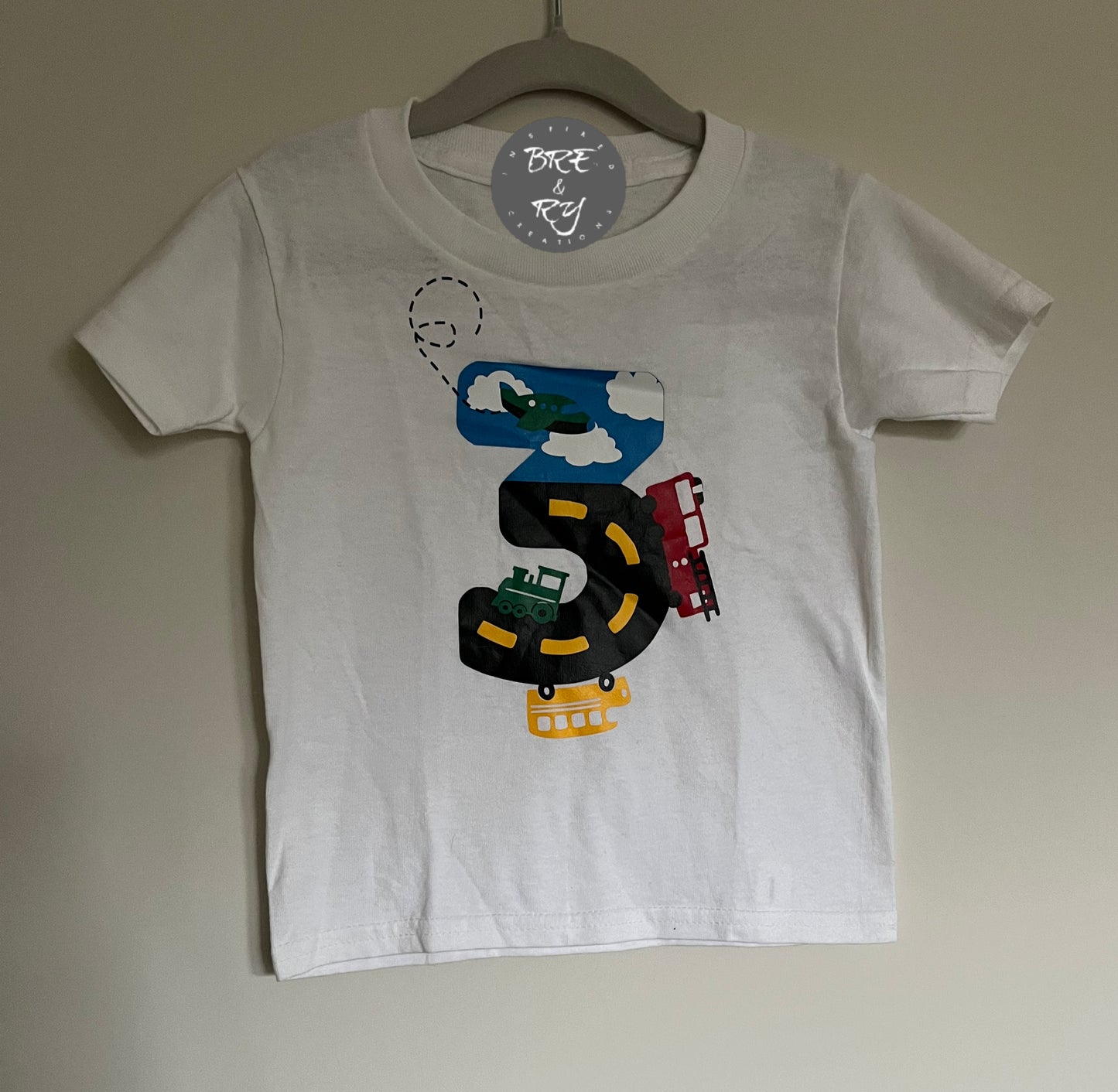 3 with train, plane, bus, fire truck birthday shirt