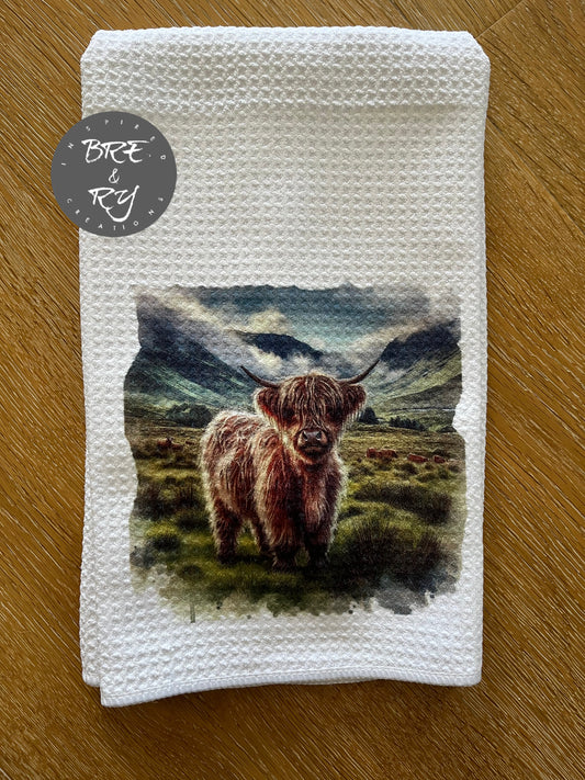 Highland cow tea towel