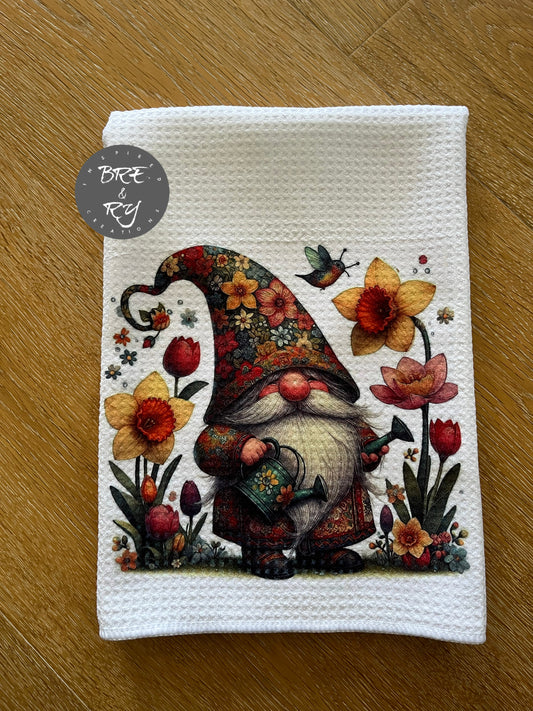 Flower Gnome tea towel